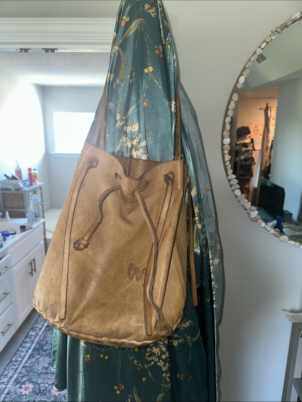 Boho Women’s Tan Leather Bucket Bag - Classic Drawstring Tote